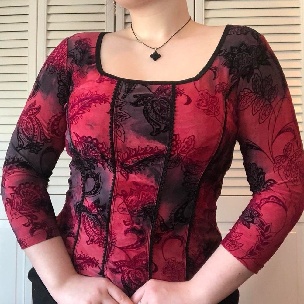 Red and Black Tie Dye Vintage Velour Top With Floral Print